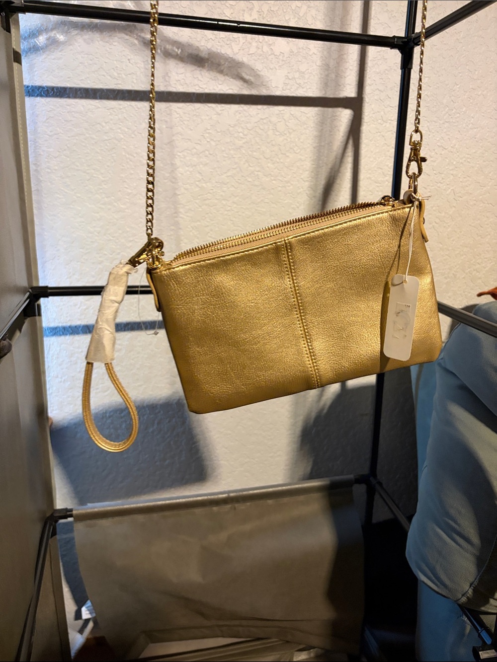 Metallic Gold Leather Wristlet Clutch with Chain Strap